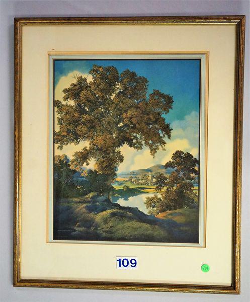 FRAMED MAXFIELD PARRISH CALENDAR PRINT,: EXTERIOR SCENE WITH SMALL VILLAGE, CHURCH, POND, ETC., IMAGE 16 1/2 IN. H X 13 1/2 IN. W, FRAME 25 IN. H X 21 IN. W - EXCELLENT