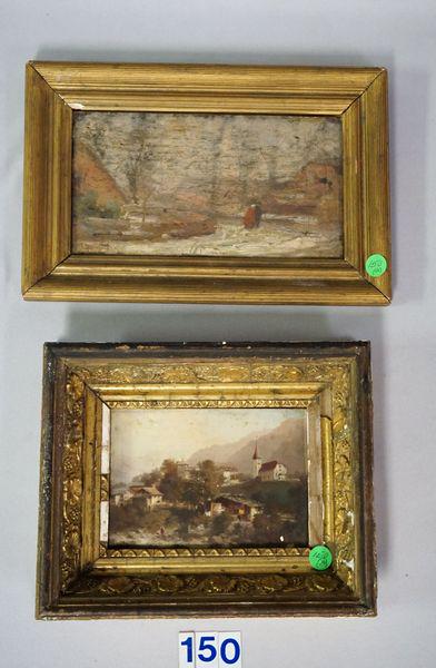 (2 PCS.) FRAMED OIL PAINTINGS ON WOODEN PANELS:: ELDERLY COUPLE WALKING, EXTERIOR SCENE, SIGNED L.L. 'RAPHAEL.' 5 1/4 IN. H X 9 1/2 IN. W, FRAME 8 IN. H, 12 1/4 IN. W, NEEDS TO BE CLEANED - FAIR & EUROPEAN COUNTRY SCENE (UNSIGNED) WITH CHURCH ON HIL