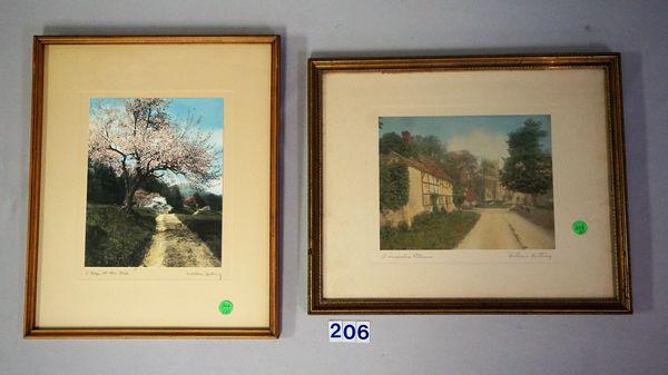 (2) WALLACE NUTTING FRAMED EXTERIOR PRINTS:: 'A PEEP AT THE HILLS,' NICE BRIGHT COLOR PRINT WITH TREE IN BLOSSOM, ETC., IMAGE 9 1/2 IN. H X 7 1/2 IN. W, FRAME 16 3/4 IN. H X 13 3/4 IN. W - EXCELLENT & 'A SOMERTON ENTRANCE', IMAGE 7 1/2 IN. H X 9