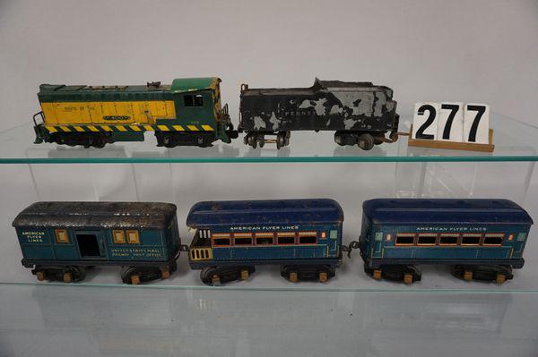 (5) PC LOCO & CAR LOT (3) A.F. PASS. CARS,: #355 DIESEL & PRR TENDER - EACH AS FOUND