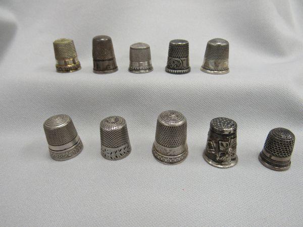 (10) STERLING SILVER THIMBLES:: VARIOUS SIZES. ONE DENTED OTHERWISE - VG