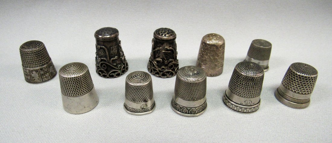 (10) STERLING SILVER THIMBLES:: VARIOUS SIZES - 2 DENTED OTHERWISE - VG