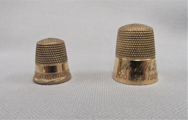 (2) 10K GOLD THIMBLES:: SIZES 10 & 11. BOTH ARE MARKED 10K. TOTAL 5.1 PENNYWEIGHTS FOR BOTH - VG