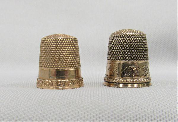 (2) 10K GOLD THIMBLES:: BOTH SIZE 9. BOTH ARE MARKED 10K. TOTAL 3.6 PENNYWEIGHTS FOR BOTH - VG
