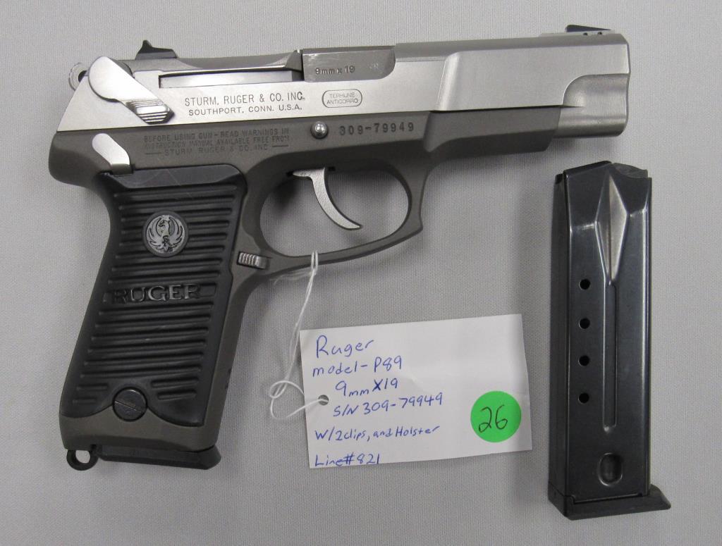 RUGER MODEL-P89 9MM HANDGUN,: WITH 2 CLIPS & HOLSTER, - VG. S/N 309-79949. LINE #821