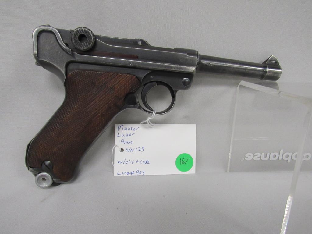 MAUSER LUGER 9MM SEMI AUTOMATIC HANDGUN:: WITH CLIP & CASE. - VG. S/N 125. LINE #963