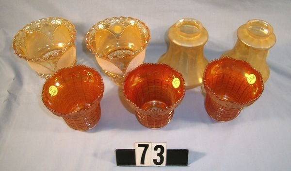 Carnival Glass Lampshades: (3) Daisy/Star & Block: Carnival Glass Lampshades: (3) Daisy/Star & Block Design (M), (2) Etched W/Basket Of Flowers, Etc. (Chips At Top), And (2) Marigold W/Frosted Decor.