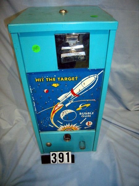 One Cent Bubble Gum Machine "Hit The Target": One Cent Bubble Gum Machine "Hit The Target" 19 1/2"H, 9 1/4"W, 9 1/4"D, Front Glass Is Missing, No Keys - Very Good