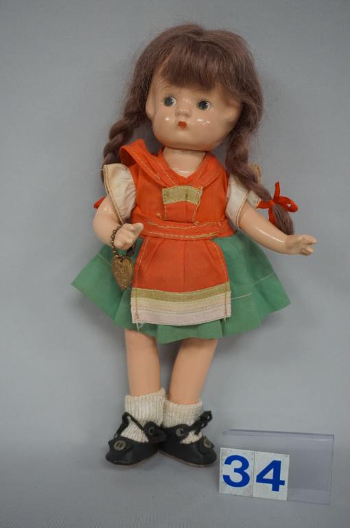 EFFANBEE 9 1/2 IN. COMPO PATSYETTE:: DRESSED IN RARE TYROLEAN OUTFIT, MOHAIR WIG, WITH HEART BRACELET, COMPO IS VERY NICE - VERY GOOD