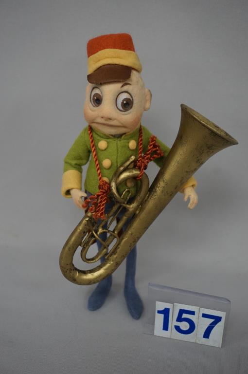 R. JOHN WRIGHT PALMER COX COLLECTION:: "STRIKE UP THE BAND" 8 IN. H BROWNIE BAND TUBA BROWNIE WITH SWIVEL NECK & LARGE TUBA, TAG SIGNED R. J. WRIGHT, JULY 7, 2007 EDITION LIMITED TO 175 PIECES WITH C.O.A., ORIGINAL BOX, ETC. - VERY GOOD HA