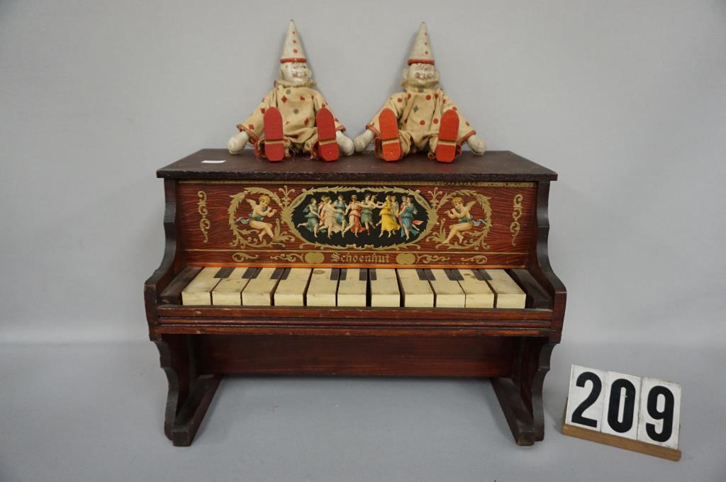 SCHOENHUT UPRIGHT PIANO: WITH ORIGINAL & COLORFUL PAPER LITHO, ALL KEYS ARE IN WORKING ORDER & (2) VINTAGE 7 IN. CIRCUS CLOWNS, EACH WITH PAINT LOSS ON FACE & REAR SIDE OF HEADS - FAIR TO GOOD