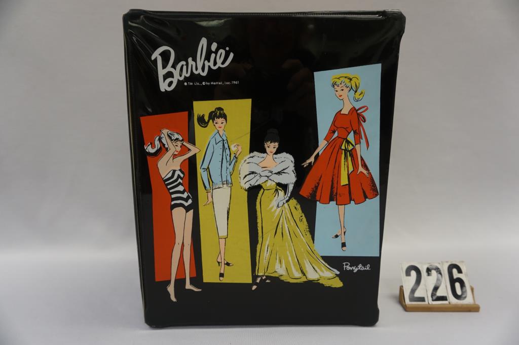 MATTEL BARBIE #5:: BLONDE PONYTAIL WITH ORIGINAL SWIMSUIT, SHOES & STAND, 1961 PONYTAIL VINYL CASE WITH OUTFITS INCLUDING BUSY GAL, SUBURBAN SHOPPER, CAREER GAL, SOLO IN SPOTLIGHT, YELLOW SILK SHEATH, AQUA SILK SHEATH, 