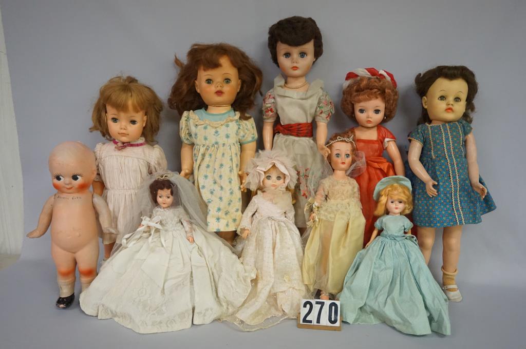 (10 PCS.) GRABBOX OF ASSORTED DOLLS: INCLUDING (2) VINYL FASHION, B.O. WALKER, M. ALEX. CINDERELLA, COMPO, CARNIVAL KEWPIE, PLUS OTHERS - FAIR TO GOOD+
