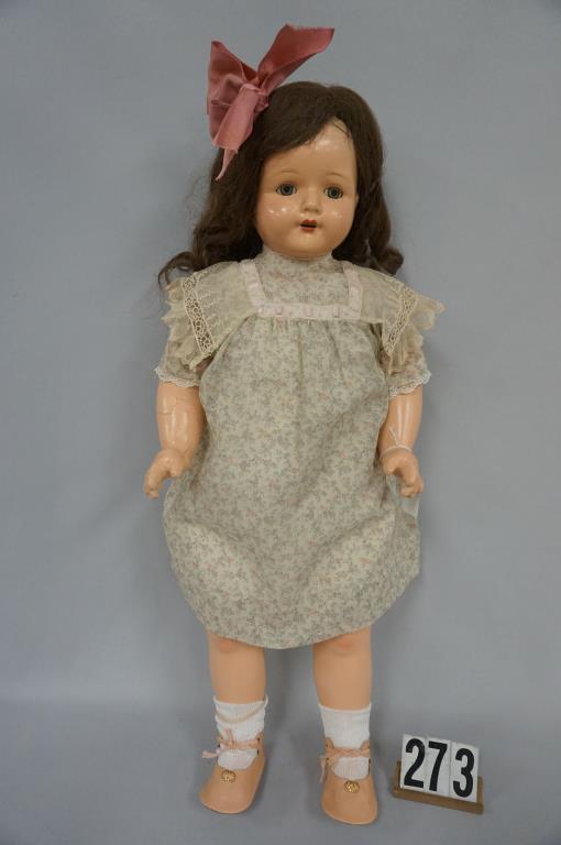 (2 PCS.) EFFANBEE 27 IN. ROSEMARY COMPO & CLOTH: WITH SLEEP EYES, FACE IS VERY NICE, COMPO SPLIT ON REAR OF HEAD, SOME COMPO CRACKS & SPLITS ON LIMBS, ORIGINAL BODY - FAIR TO GOOD & 28 IN. COMPO & CLOTH MAMA DOLL, TOUCH-UPS AT MOUTH, OVERALL CRACKS
