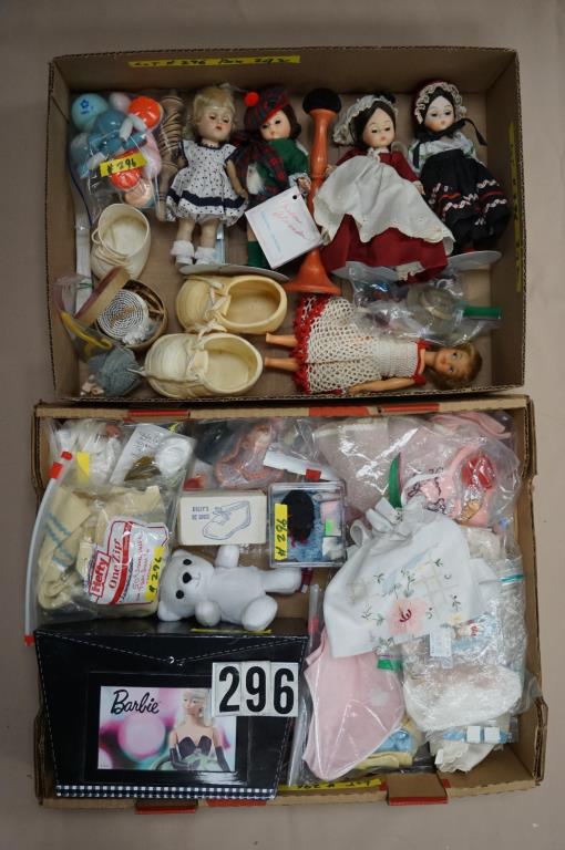 VOGUE GINNY H. PLASTIC WALKER,: (3) ALEX ANDERKINS IN ORIGINAL ETHNIC OUTFITS, BABY BOTTLES (MOSTLY PLASTIC), PLUS BOX OF ASSORTED DOLL OUTFITS & SOME ACCESSORIES - GOOD TO VG, SOME BETTER, SOME LESSER