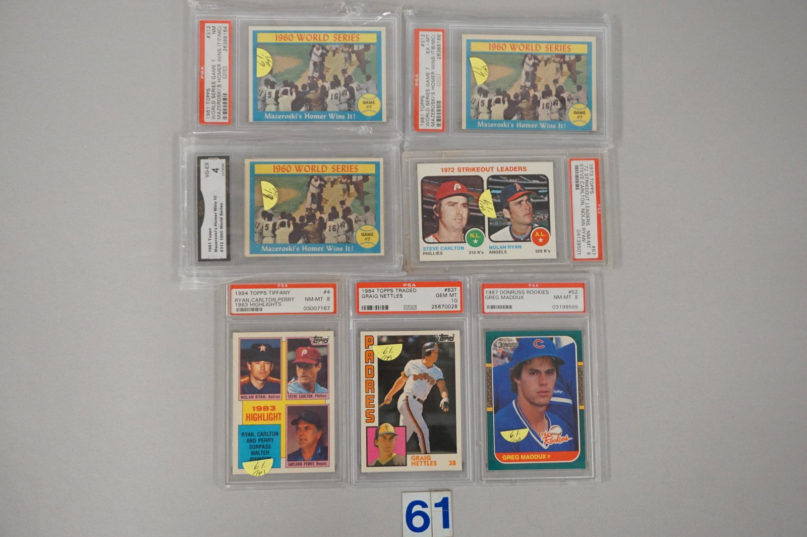 (14) GRADED SPORTS CARDS:: (9) BB INCLUDES MANTLE & MARIS REPRINT CARDS MARIS HOLDER IS DAMAGED (AS-IS) CARD IS MINT 9, (2) BASKETBALL, (2) HOCKEY & (1) FOOTBALL, MOST ARE PSA GRADED: VG/EX TO MINT
