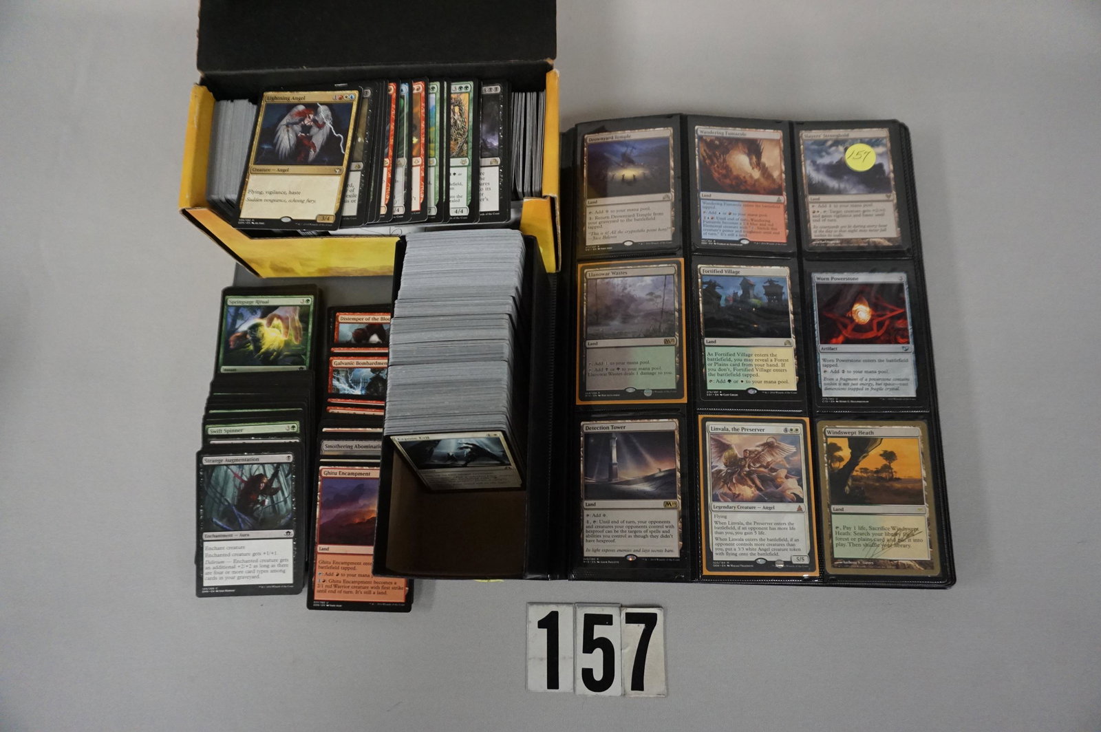MAGIC THE GATHERING CARDS:: ALBUM WITH 279 ASSORTED CARDS WITH LARGE VARIETY OF SCARCER/RARE CARDS, MULTI-COLOR LANDS, ETC. - VG +/-, BOX WITH 525+/- SHADOWS OVER INNISTRAD CARDS, INCLUDES COMMONS & RARE CARDS, CONDITIONS VARY -