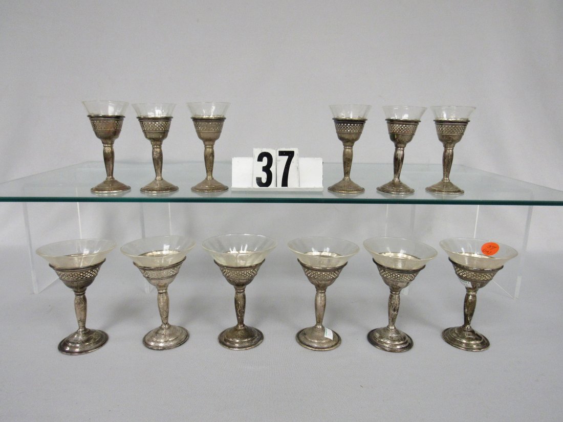STERLING & ETCHED GLASS CORDIAL & WINE GLASSES:: LOT INCLUDES (6) STERLING BASE WINE GLASSES PLUS (6) MATCHING CORDIAL GLASSES. 4 IN. & 4 1/2 IN. - GOOD