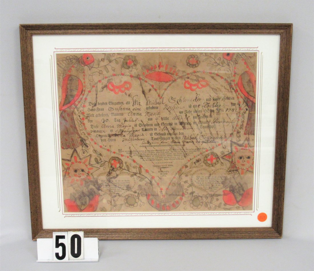 1800 FRIEDRICH KREBS FRAKTUR:: BIRTH OF ANNA MARIE ON JULY 30, 1782, MONTGOMERY COUNTY, NEW HANOVER TOWNSHIP, PA. FOLDS, PAPER DAMAGE LOWER LEFT. 15 IN. X 13 IN.