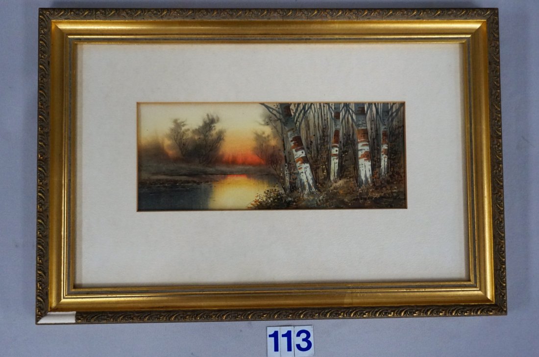 G.R. RAYMOND (S.L.R.) FRAMED & MATTED WATERCOLOR,: IMAGE SIZE 4 IN. H, 10 IN. W, STREAM SCENE WITH WHITE BIRCH TREES, ETC., GRACE R. RAYMOND, MAY 1, 1876 - FEBRUARY, 1967, WELL KNOWN ARTIST FOR PORTRAITS, CITY SCENES, STILL LIFE & HARBOR PAINTINGS, FR