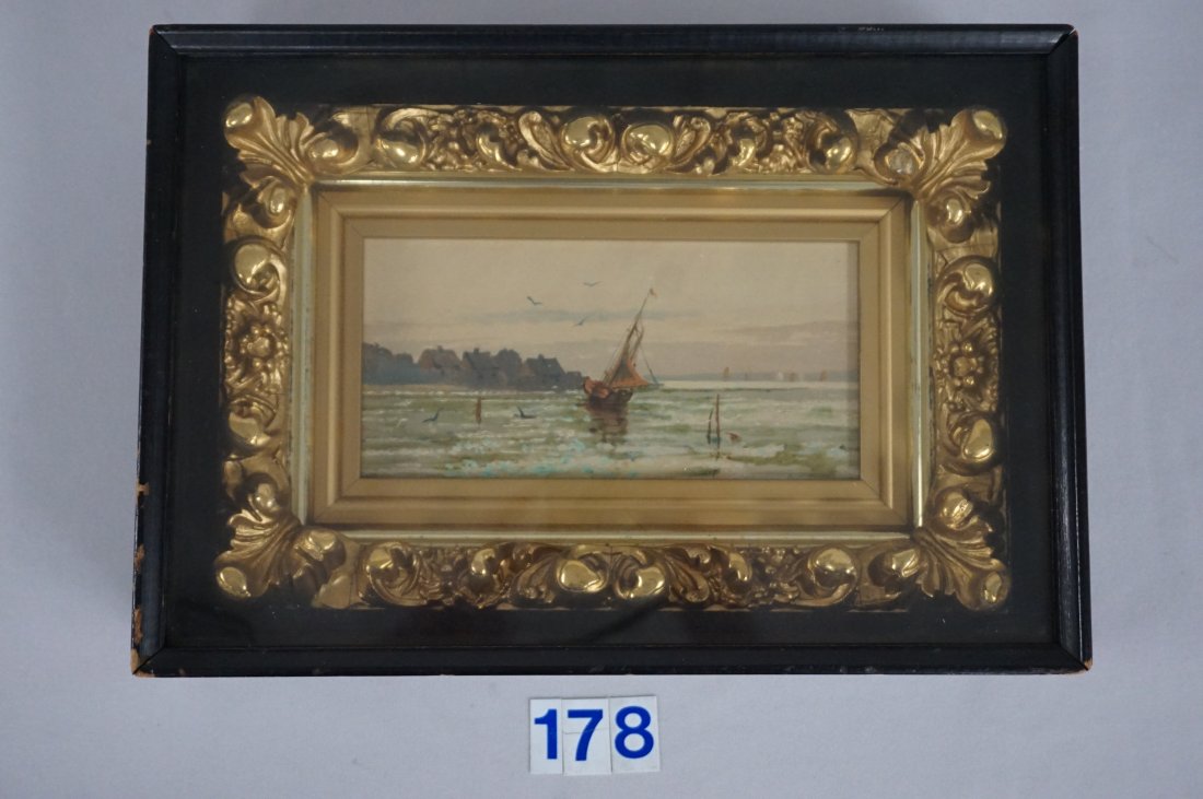 OIL PAINTING OF SKIFF OFF SHORE OF OCEAN: WITH HOUSES ON SHORELINE, SHOREBIRDS IN CIRCULAR FLIGHT, OTHER SAIL/SKIFF VESSELS IN DISTANT BACKGROUND, VISUAL SIZE 3 1/2 IN. H, 7 1/2 IN. W IN ORNATE GOLD PERIOD FRAME, 7 1/4 H, 11 1/2 IN. W, UNSIGN