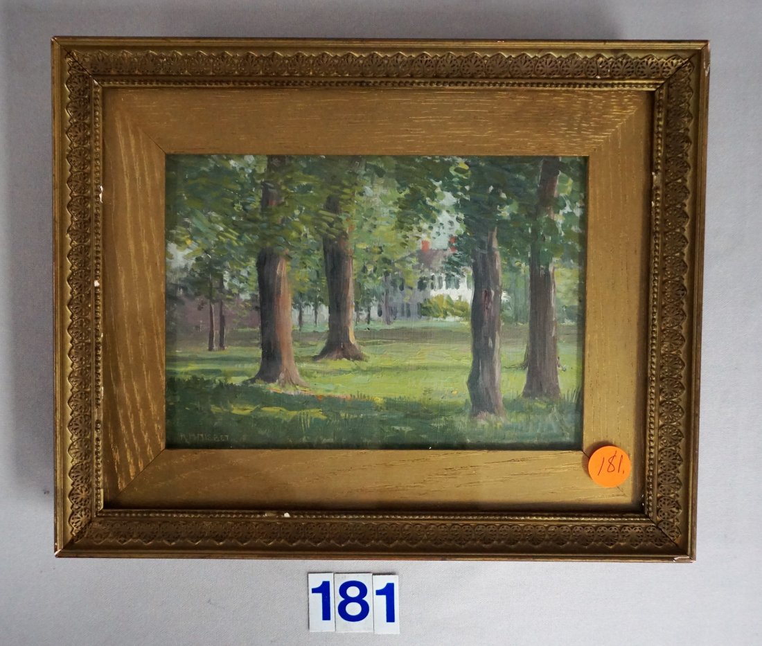 ROBERT HOGG NISBET (1879-1961): FRAMED OIL PAINTING WITH INFO ON REVERSE: OLD COOK HOUSE, HADLEY STREET, HADLEY, MASS., ROBERT H. NISBET, 1908. IMAGE SIZE 5 1/4 IN. H, 7 1/2 IN. W, VINTAGE FRAME IS 9 IN. H, 11 1/2 IN. W. S.L.L.: R. 