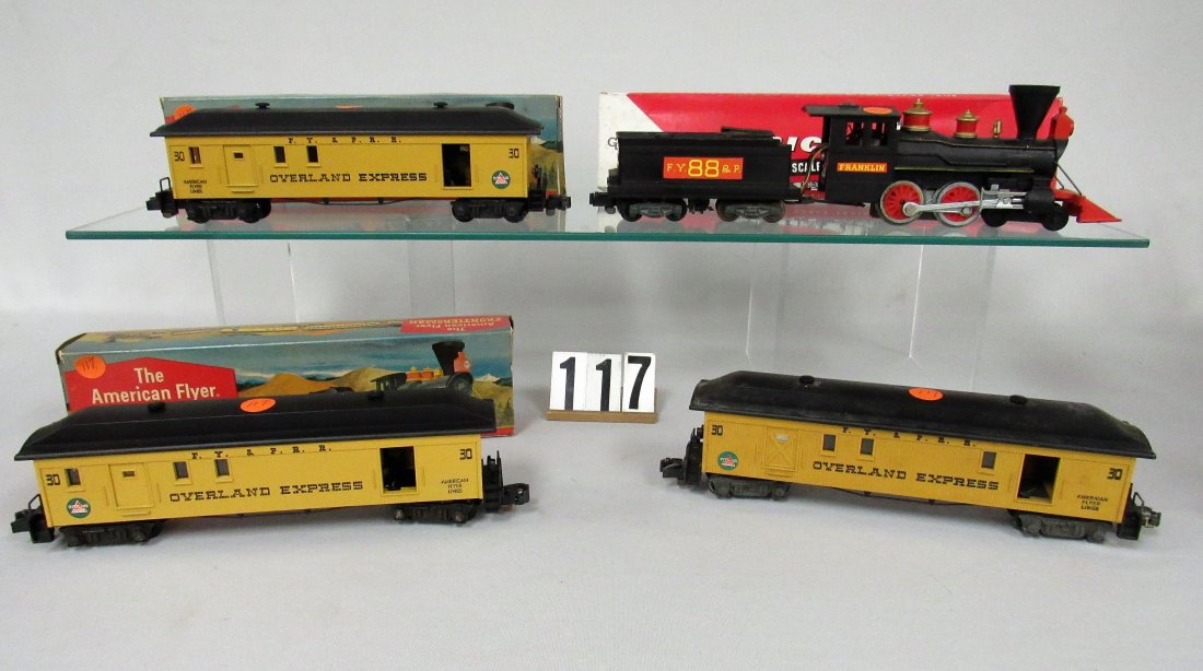 FRANKLIN FY & P 88 (210 88):: STEAM LOCOMOTIVE & TENDER (BLACK) WITH 3 #30 (24370) FY & PRR OVERLAND EXPRESS CARS, TWO WITH ORIGINAL BOXES - VG/EX