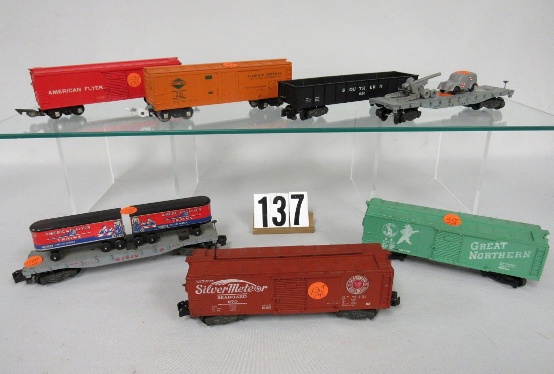 AMERICAN FLYER:: #642 REFRIGERATOR CAR - FAIR, #623 ILLINOIS CENTRAL REFRIGERATOR CAR - VG, WHEELS NEED TO BE CLEANED, #920 SOUTHERN GONDOLA - VG/EX, #956 MONON FLATCAR WITH PIGGYBACK TRAILERS - GOOD, #970 SEABOARD BO