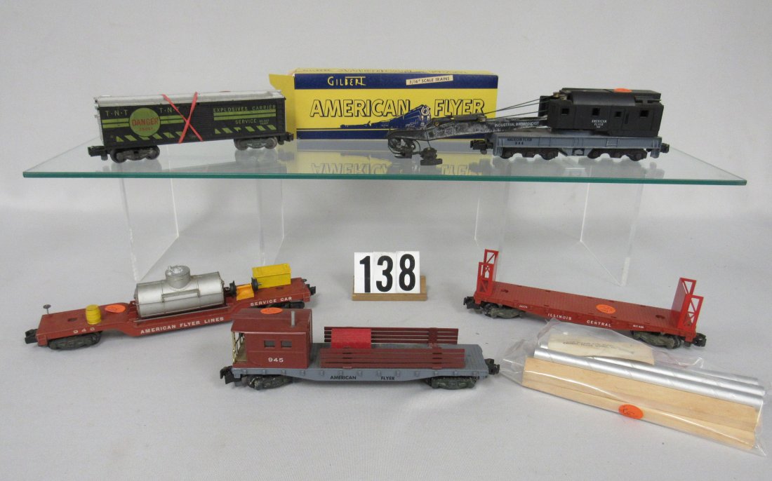 AMERICAN FLYER:: #945 WORK CABOOSE WITH RED WOODEN TOOLBOX - GOOD, #944 INDUSTRIAL BROWNHOIST CRANE, BOOM IS SOILED & NEEDS TO BE CLEANED - GOOD, #948 TRACK CLEANING CAR - GOOD. 25057 TNT EXPLODING BOXCAR, SOME SOILIN
