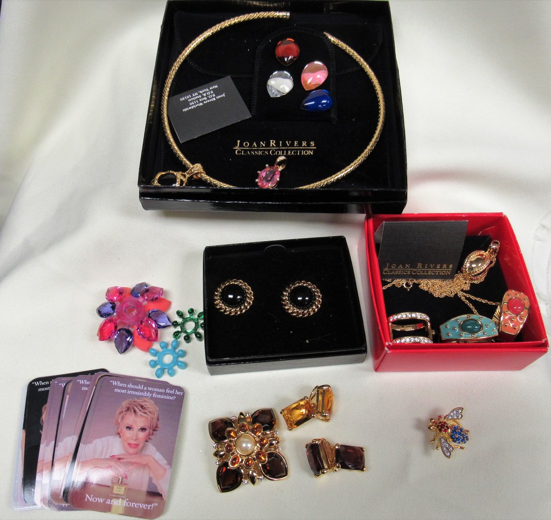 LARGE LOT OF JOAN RIVERS JEWELRY:: LOT INCLUDES NECKLACES, EARRINGS, MULTI COLORED BEETLE PIN & BRACELETS - VG