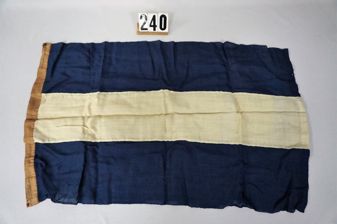 VINTAGE CORPS SIGNAL FLAG? MID 19TH CENTURY,: POSSIBLY A CORPS SIGNAL FLAG. HANDSEWN WOOL. BLUE OVER WHITE OVER BLUE STRIPES. HANDSEWN LINEN TUBE. 17 IN. X 28 IN. INK STAMPED JAMES CREMER - VG