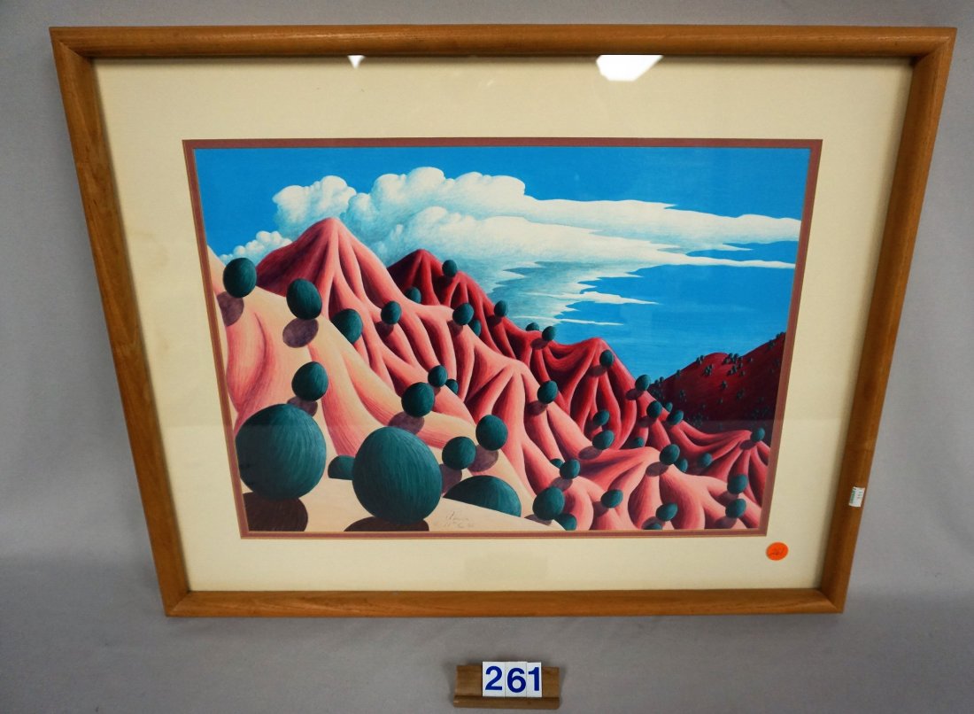 REINA OF TAOS A.K.A. REINA OF SANTA FE: FRAMED COLOR PENCIL ON RAG PAPER TITLED "ENDLESS HILLS", IMAGE SIZE IS 13 IN. H, 18 IN. W, FRAME IS 19 1/2 IN. H, 24 1/2 IN. W, SIGNED, NO DAMAGE - EX