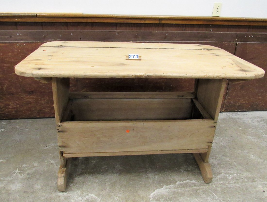 PINE HUTCH TABLE WITH FOUR ORIGINAL SUPPORT PEGS,: ALL PARTS WERE STRIPPED OF ORIGINAL FINISH, NEEDS FAIR AMOUNT OF T.L.C. TO RESTORE TO YOUR STYLE - 'AS FOUND' BASE IS 39 1/4 IN. W, 24 IN. D, 30 IN. H, TABLE TOP IS 32 IN. W, 51 IN. L, FOUR WOODEN PEG
