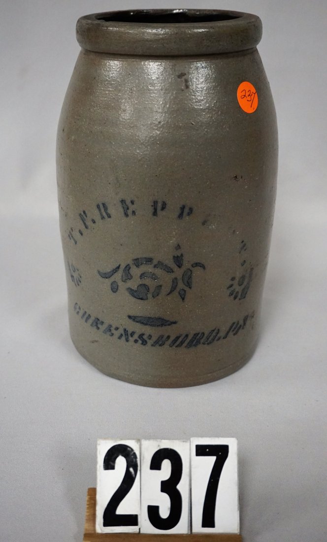 T.F. REPPERT, GREENSBORO, PA. STONEWARE CANNING JAR: WITH COBALT BLUE STENCILED PRINTING & ROSE DECOR., 10 IN. H, 6 IN. W AT BASE & 4 3/4 IN. W AT TOP, HAS CHIPS ON INSIDE OF RIM AT THE TOP (SEE PHOTO) - NO CRACKS OR OTHER CHIPS - GOOD