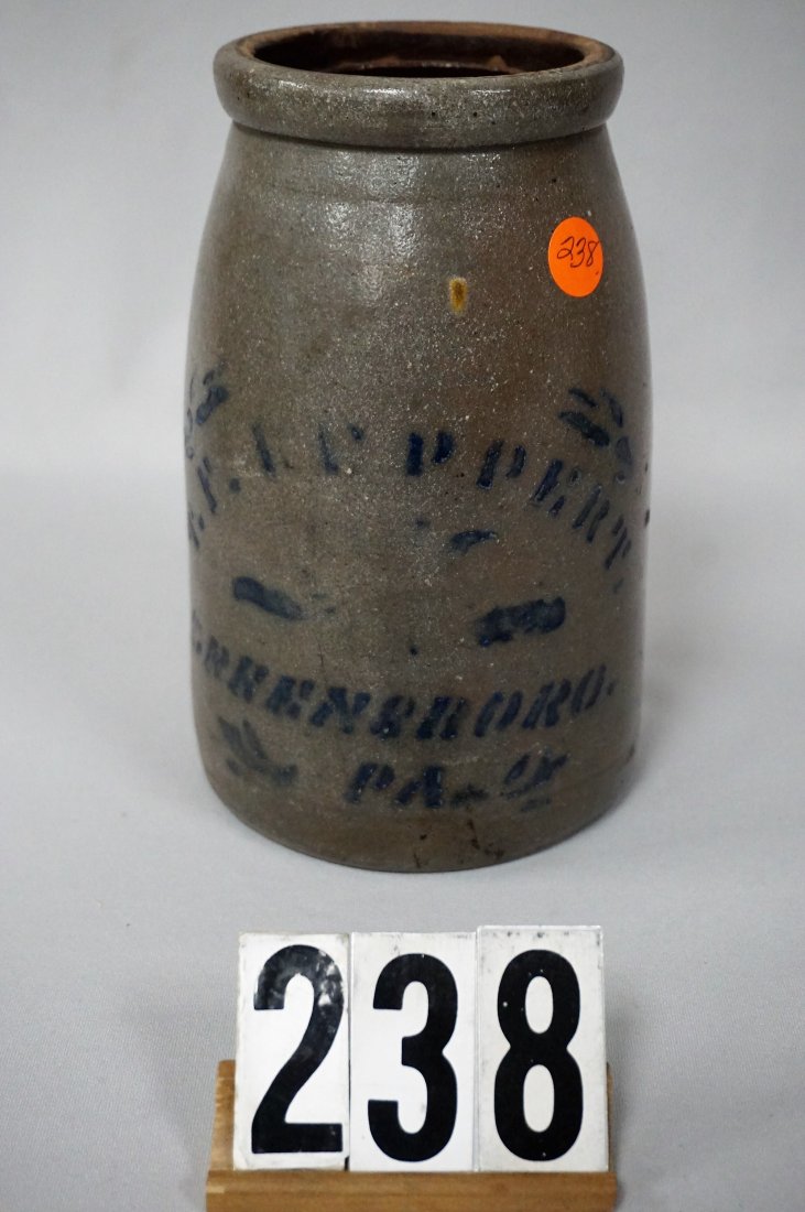 T.F. REPPERT, GREENSBORO, PA. STONEWARE CANNING JAR: WITH COBALT BLUE STENCILED PRINTING & DECOR., 8 1/2 IN. H, 5 IN. W AT BASE & 4 1/4 IN. W AT TOP, NO CHIPS OR CRACKS - VG
