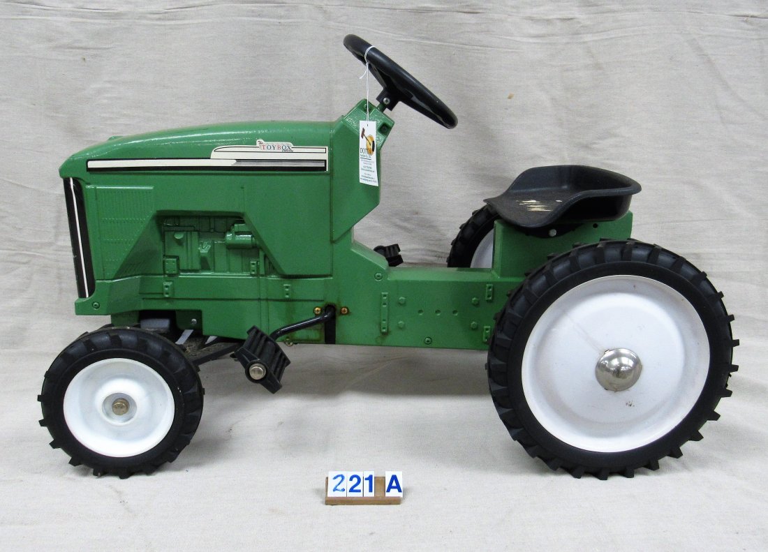 CHILD'S PEDAL FARM TRACTOR:: 4-WHEEL PEDAL TRACTOR BY THE TOYBOX COLLECTION. CAST ALUMINUM FRAME. 34 IN. L, 21 IN. H - VG