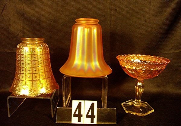 (3 Pcs.) Carnival Glass Flower & Diamond 5 1/2" Co: (3 Pcs.) Carnival Glass Flower & Diamond 5 1/2" Compote (M), Excellent, Nuart Lampshade W/Block & Star Design (M), Excellent And Lampshade W/Ribs (M), Some Roughness On Inside Of Collars