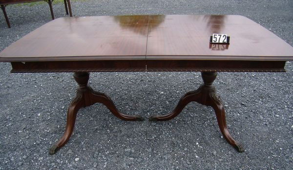 Mahogany D.R. Table W/Rope Carved Apron And Double: Mahogany D.R. Table W/Rope Carved Apron And Double Pedestal Carved Duncan Phyfe Bases (66"L X 40" Plus Pop-Up