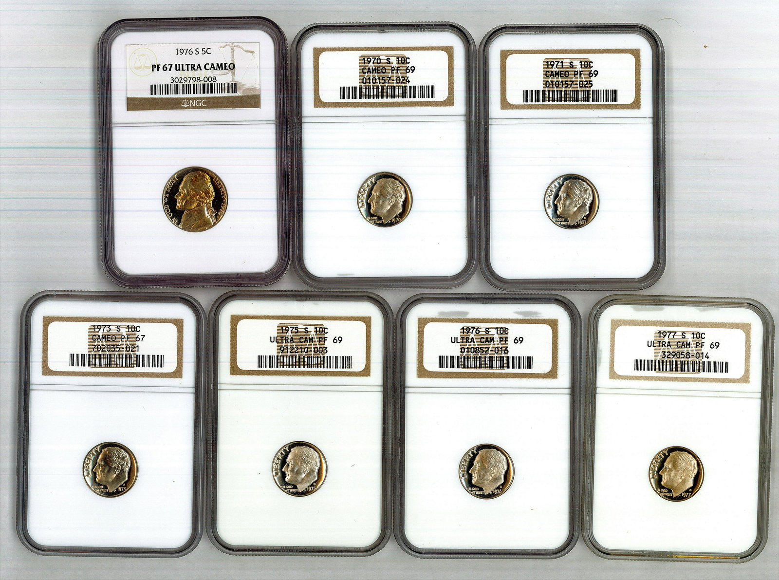 7 PROOF CAMEO U.S. COINS: 1976-S JEFFERSON PLUS 6 ROOSEVELT DIMES (1970S, 71S, 73S, 75S, 76S, & 77S) ALL CAMEO/ULTRA CAMEO PROOF 67/69 (ALL NGC SLABBED)