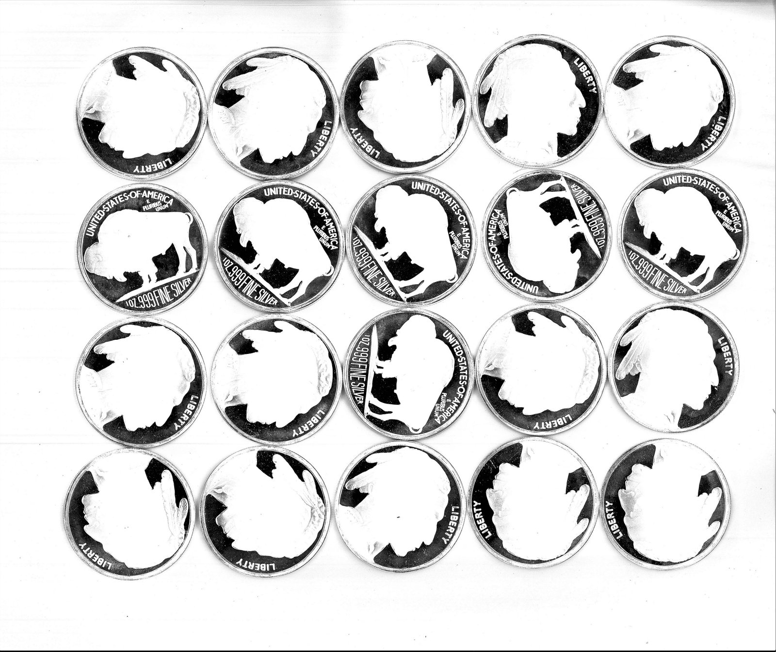 (20) 2007 BUFFALO SILVER ONE OUNCE ROUNDS:: TWENTY PROOF 1 OZ. .999 FINE SILVER ROUNDS.