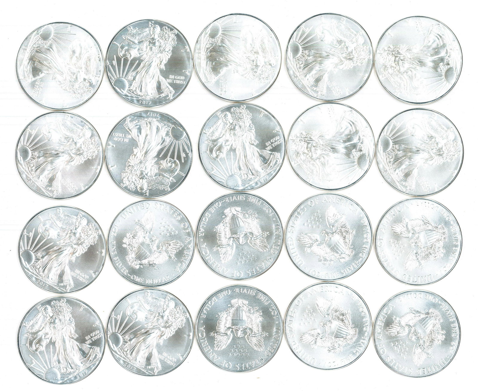(20) 2017 SILVER AMERICAN EAGLES:: TOTAL OF TWENTY UNC ONE OUNCE SILVER EAGLES - BU