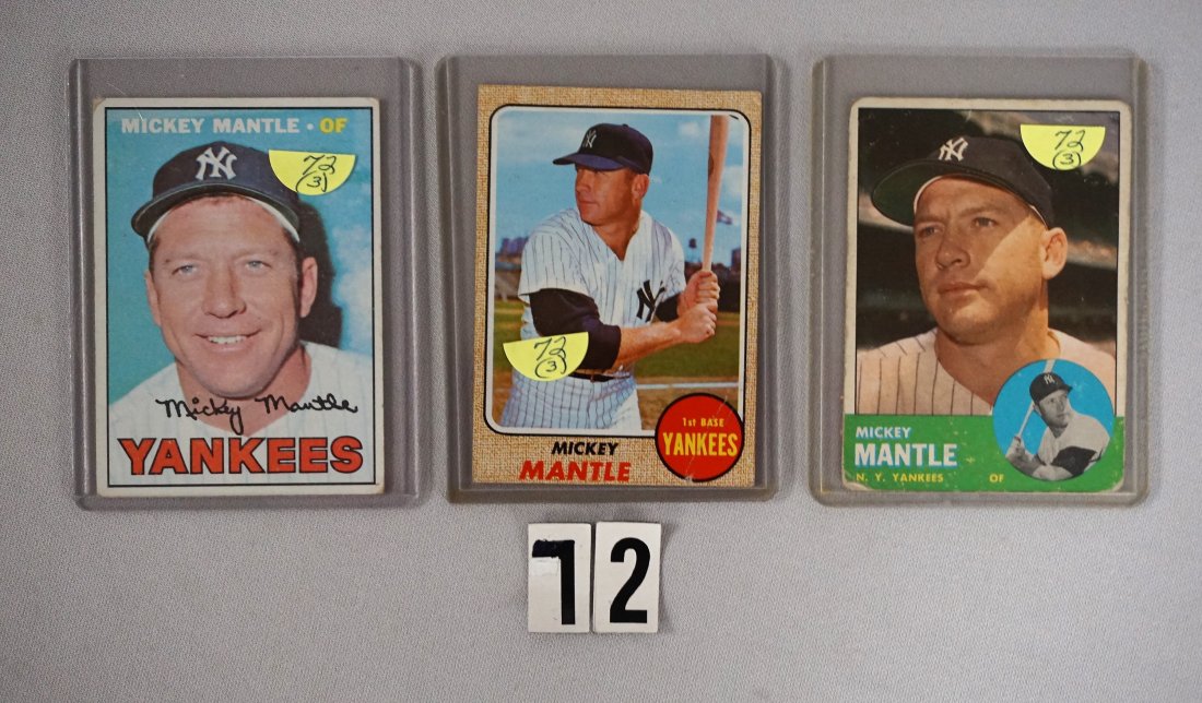 (3) MICKEY MANTLE 1963 TOPPS:: #200, SURFACE & CORNERS W/ WEAR - FAIR; 1967 TOPPS #150, CORNER WEAR, NO CREASES - GOOD; & 1968 TOPPS #280, DIAGONAL CREASE AT BOTTOM RIGHT CORNER, CORNER WEAR - FAIR