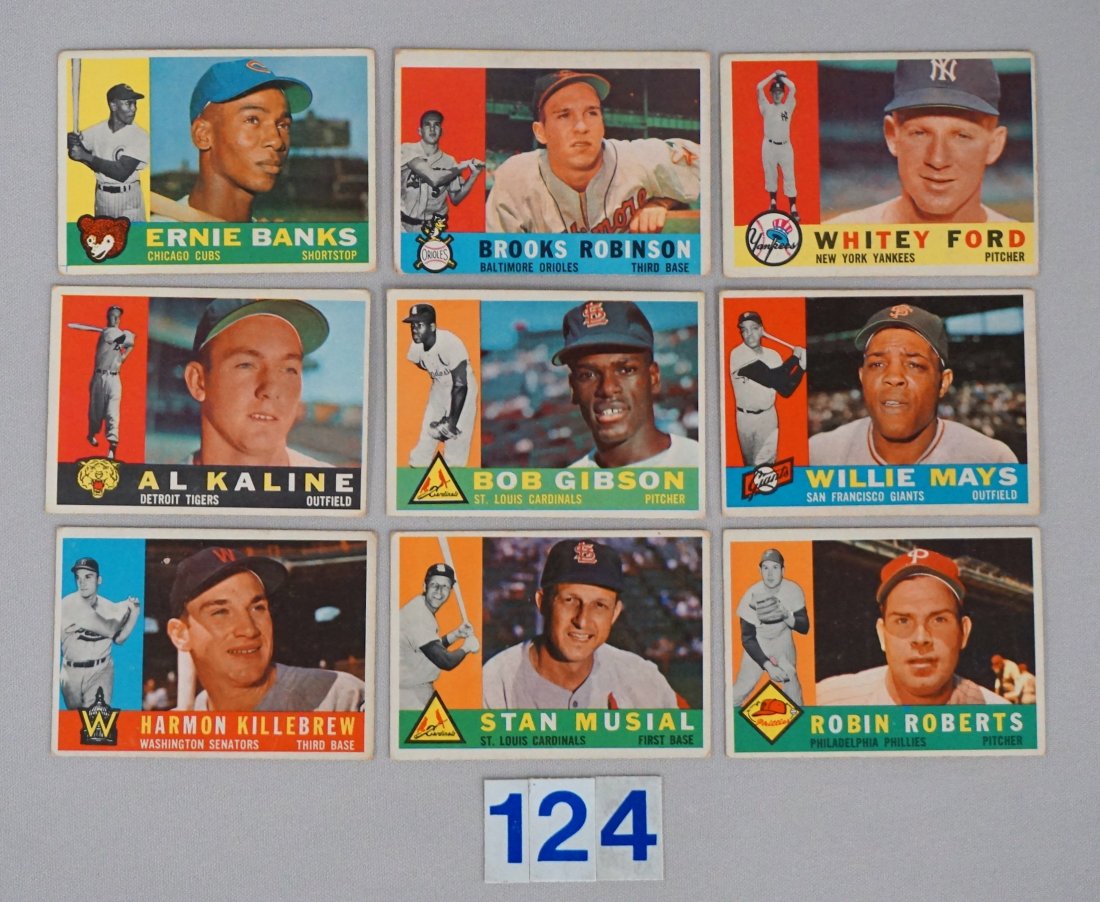 1960 TOPPS BASEBALL CARD SET:: #1-572, FOR EASIER REVIEW CARDS ARE DISPLAYED IN SHEETS BY STARS, TEAMS, ROOKIES, ALL-STARS, MANAGERS & COACHES, W. SERIES & SPECIAL CARDS, BALANCE OF CARDS IN NUMERICAL ORDER VG TO VG/EX, SOME BETTER