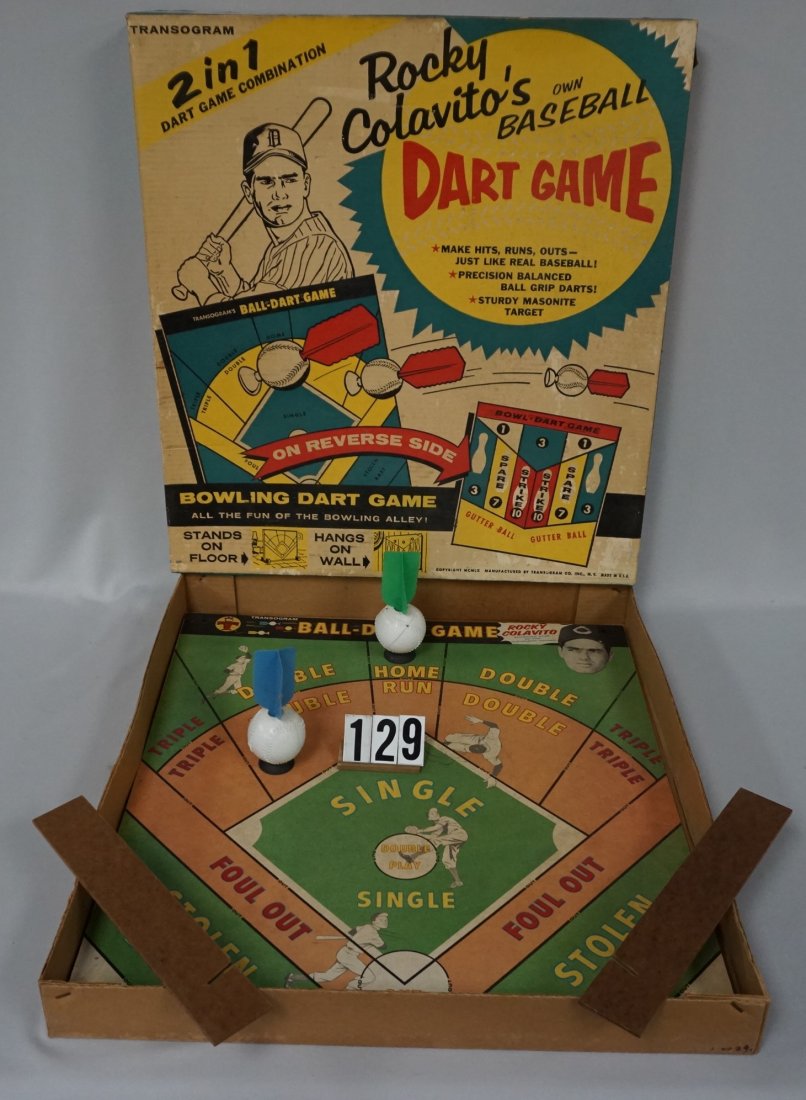 ROCKY COLAVITO'S OWN BASEBALL DART GAME:: BY TRANSGRAM WITH ORIGINAL BOX, TWO-SIDED GAME BOARD (23 1/2 H., 21 1/2 IN. W) & (2) B.B. GRIP DARTS, CIRCA 1960, CAN BE HUNG ON WALL OR STAND ON FLOOR WITH ORIGINAL SUPPORTS, NICE GRAPHICS - GOOD TO 