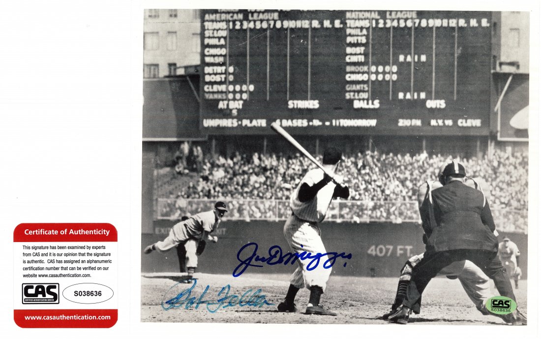 JOE DIMAGGIO & BOB FELLER:: AUTOGRAPHED BLACK & WHITE PHOTO, 8 IN. H, 10 IN. W, EACH SIGNED IN BLUE SHARPIE: DIMAGGIO SIGNATURE IS BRIGHT & BOLD - N.MT. & FELLER SIGNATURE IS LIGHTER - VG/EX, SIGNATURES WERE OBTAINED BY AN OLDER