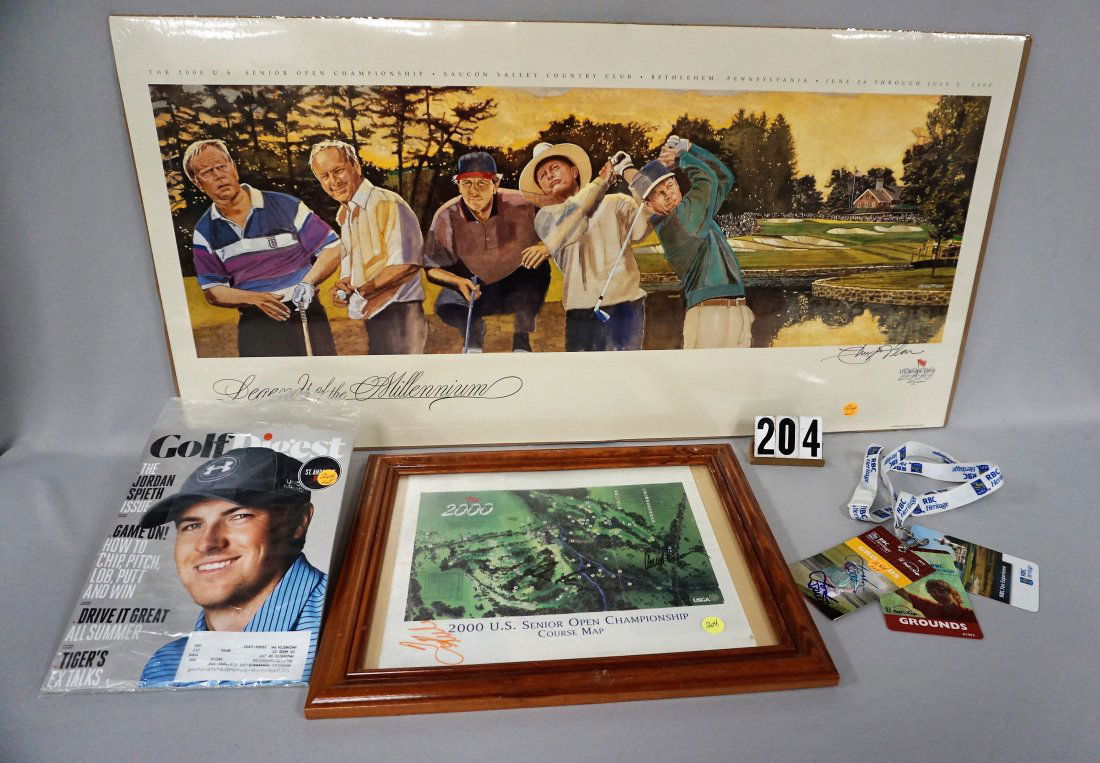 RBC HERITAGE LANYARD WITH (3) GOLF PASSES,: THE YEAR 2013 PASS IS AUTOGRAPHED TWICE BY JORDAN SPIETH - SHARPIE SIG IS EX, INK SIG IS SMEARED - SEE PHOTO, JULY, 2015 GOLF DIGEST WITH JORDAN SPIETH ON COVER, 2000 U.S. SENIOR OPEN AT SAUCON VALLEY