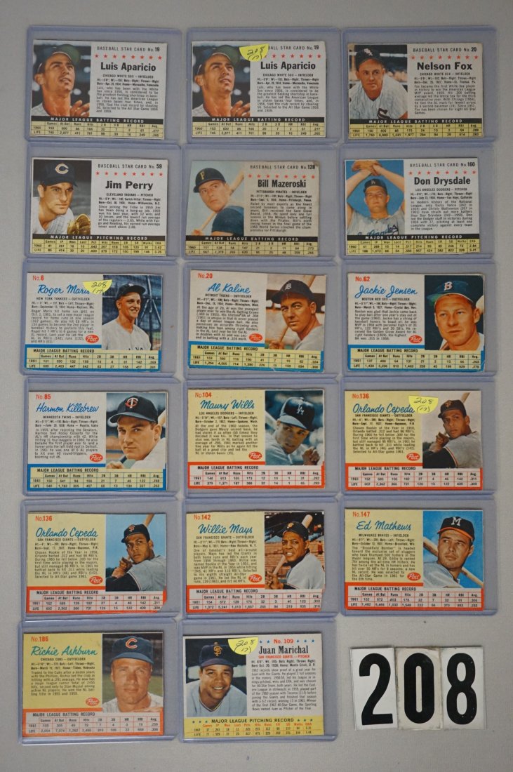 (17) POST CEREAL BASEBALL CARDS: (6) 1961, (10) 1962, & (1) 1963, INCLUDES MARIS, KILLEBREW & OTHERS - GOOD TO VG, SOME LESSER