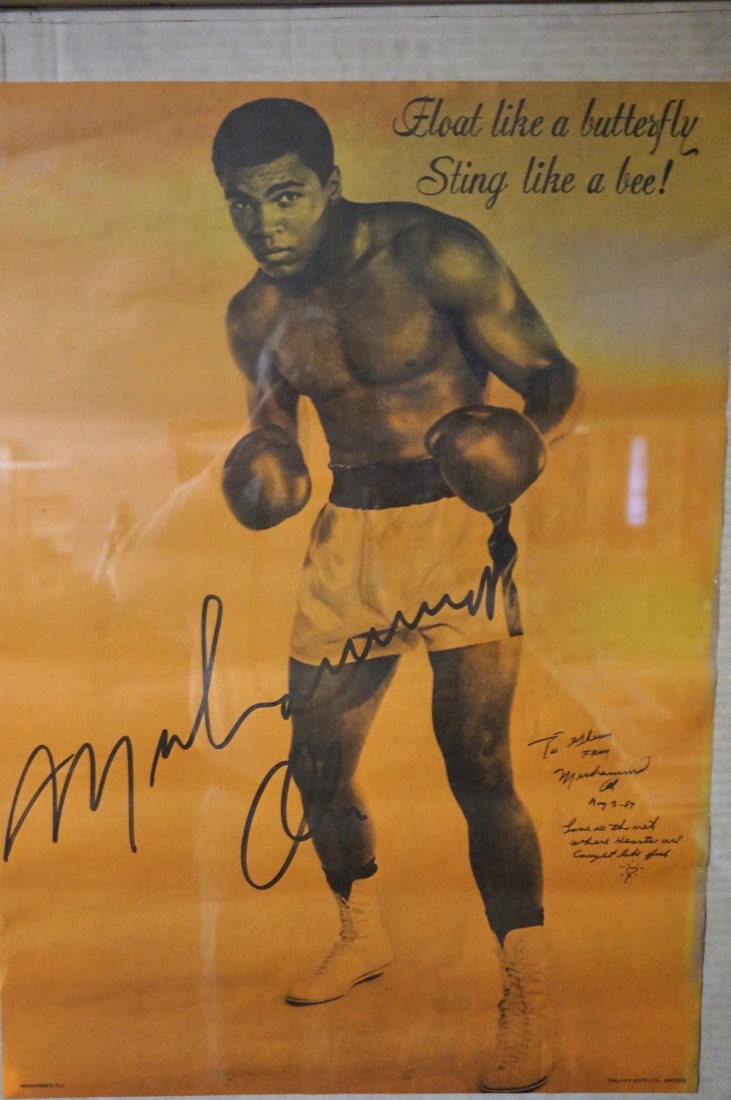 MUHAMMAD ALI AUTOGRAPHED POSTER: FLOAT LIKE A BUTTERFLY, STING LIKE A BEE" AUTOGRAPHED POSTER, 27 1/4 IN. H, 19 1/2 IN. W, BY GALAXY ARTS LTD., SWEDEN, PERSONALIZED: TO GLENN, DATED MAY 3, 1987 WITH VERSE: "LOVE IS THE NET WHERE HEAR