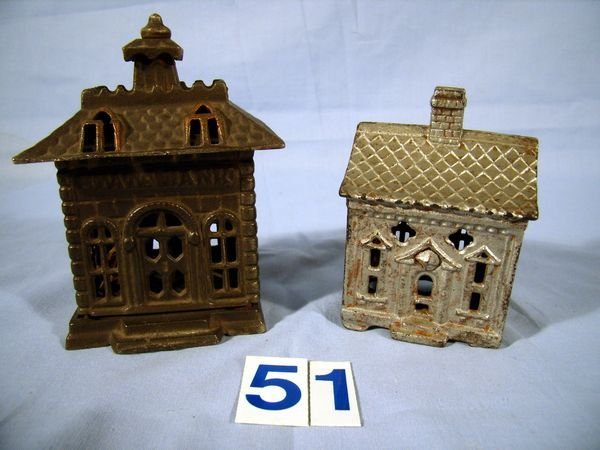 (2) CAST IRON STILL BANKS- 4" STATE BANK AND 3" HO