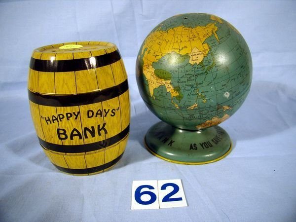 (2) TIN LITHO STILL BANKS- OHIO ART GLOBE BANK AND